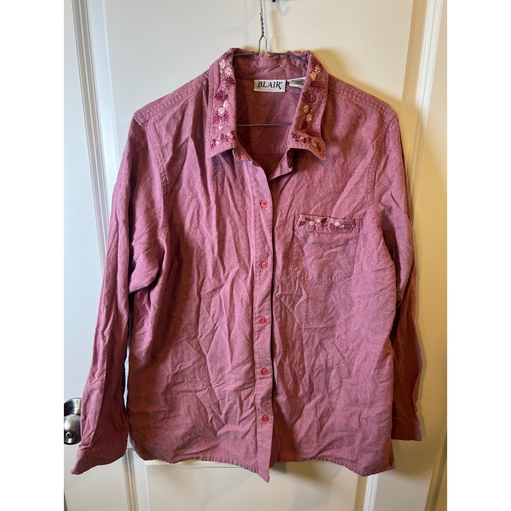 Blair Womens Shirt Floral Embroidered Collar Pink Size L